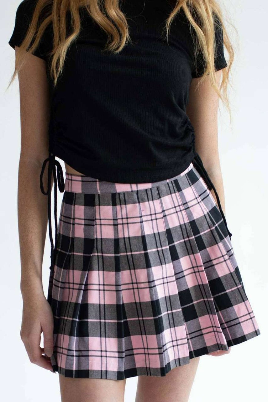 Women * | On Discount Pink Plaid Pleated Skirt