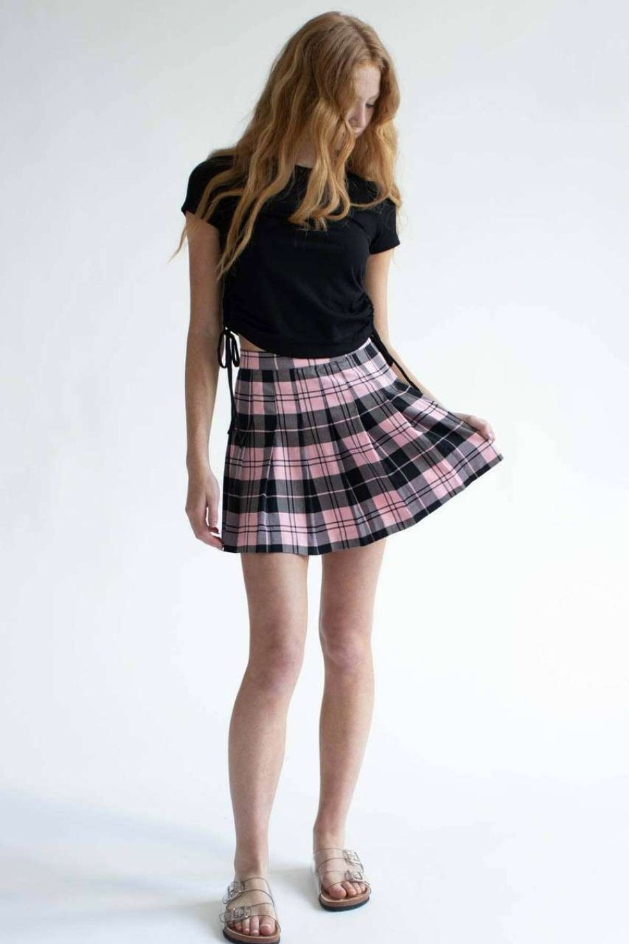 Women * | On Discount Pink Plaid Pleated Skirt