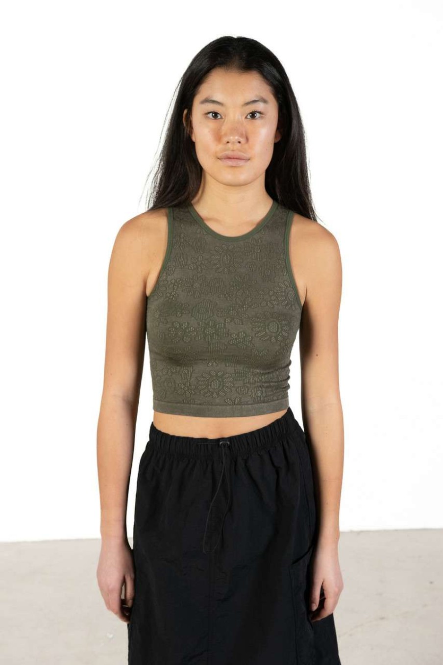 Women * | Online Store Moss Green Floral Seamless Jacquard Tank