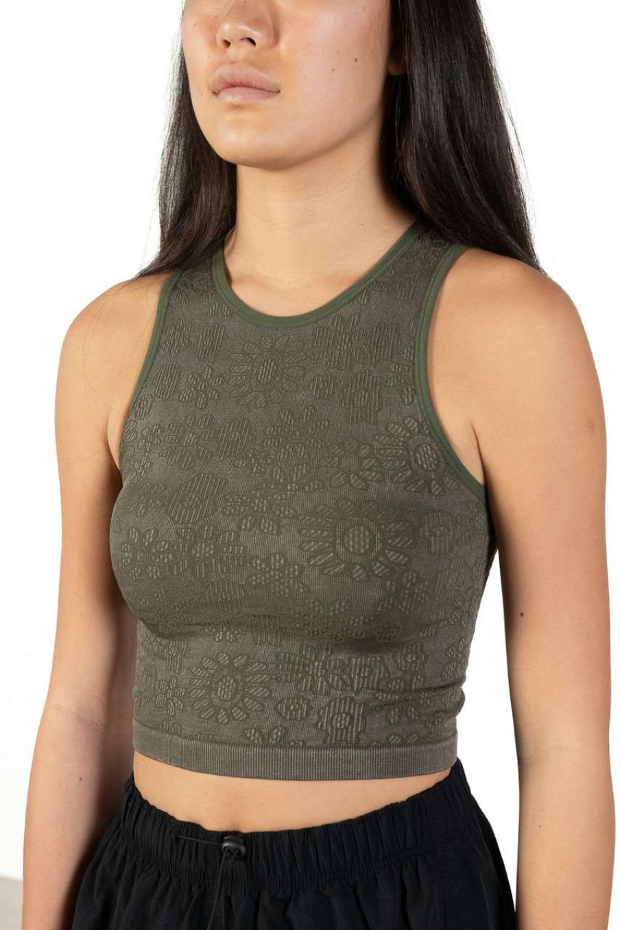 Women * | Online Store Moss Green Floral Seamless Jacquard Tank