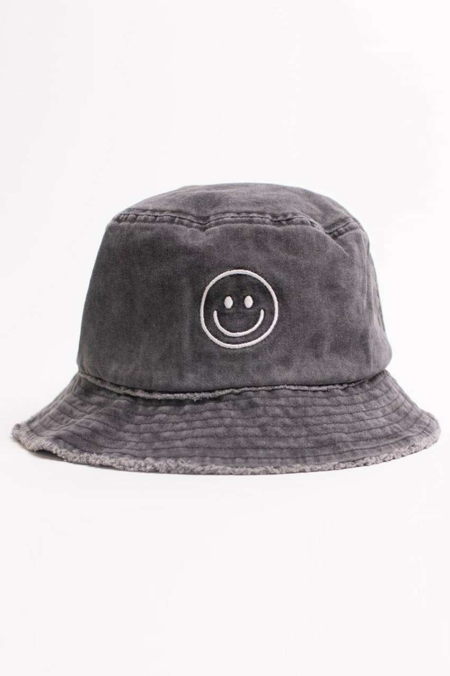 Accessories * | Special Offer Smiley Face Embroidered Black Frayed Brim Bucket Hat