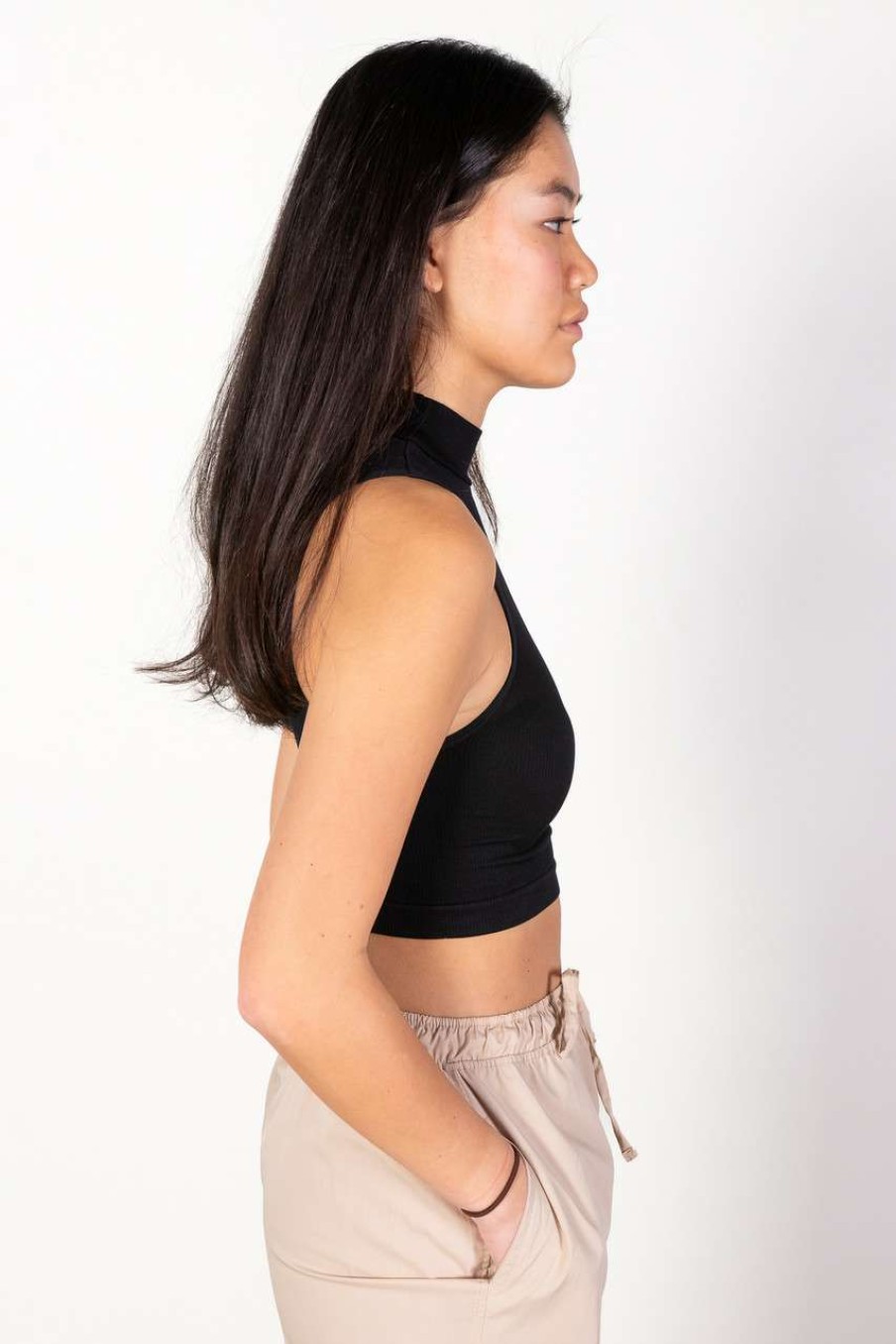 Women * | Half Off Black Mock Neck Crop Tank