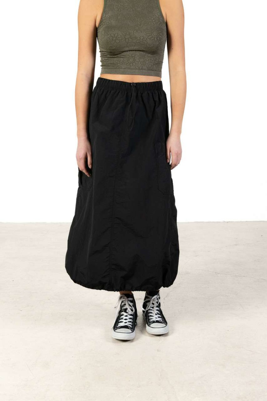 Women * | On Discount Black Nylon Cargo Maxi Skirt