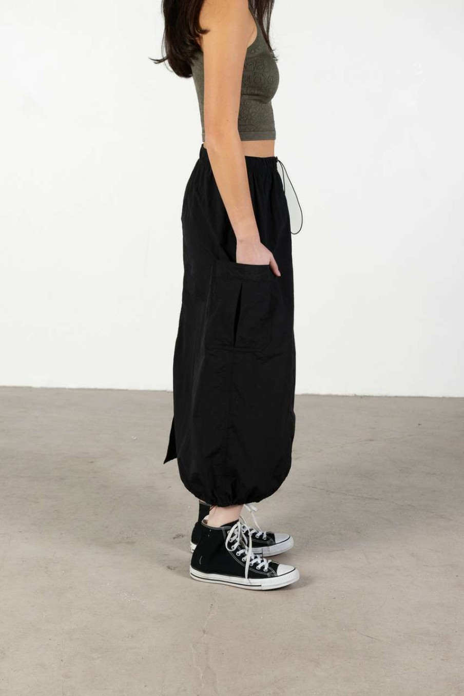 Women * | On Discount Black Nylon Cargo Maxi Skirt