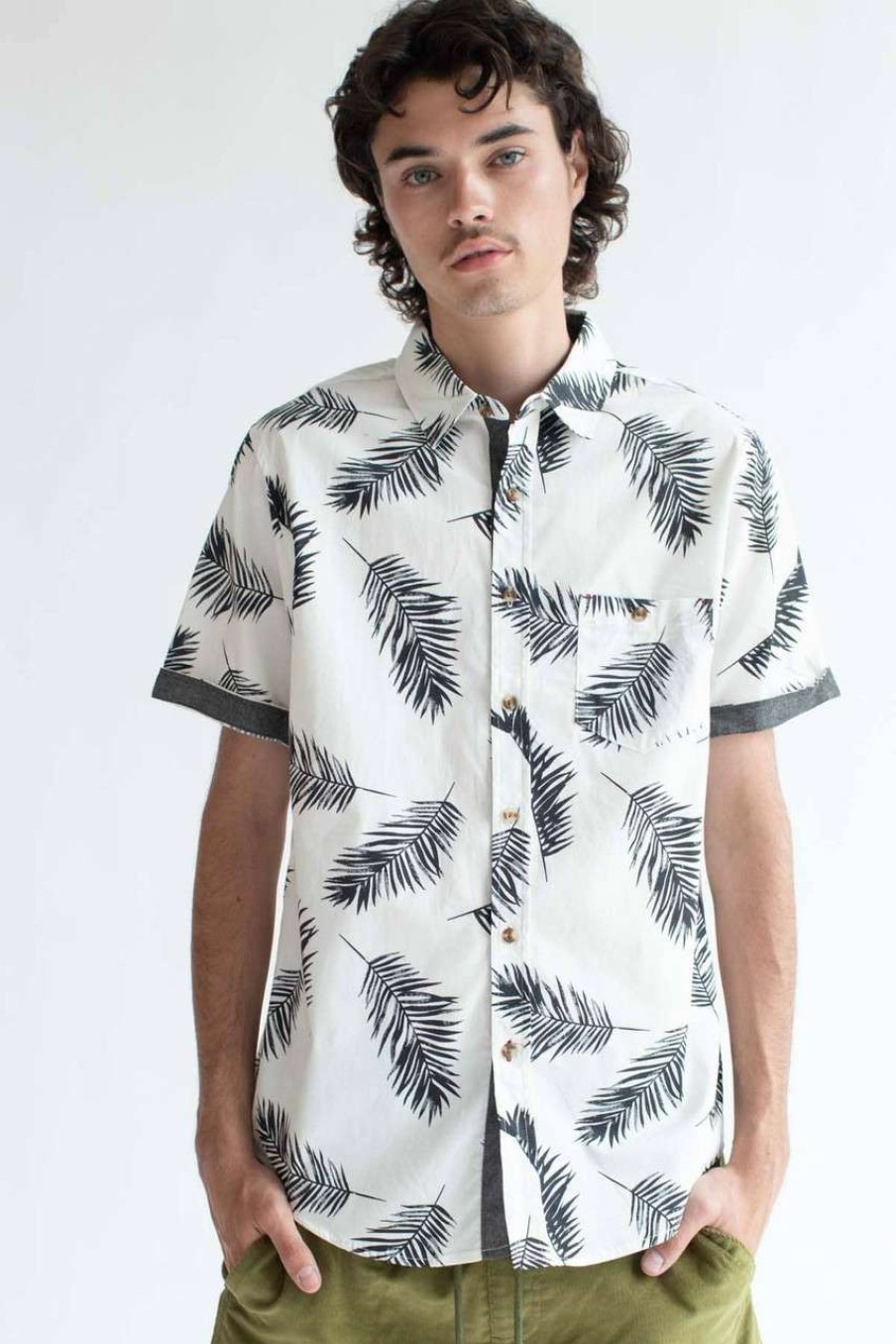 Men * | Online Store White Leaf Ink Print Button Up Shirt