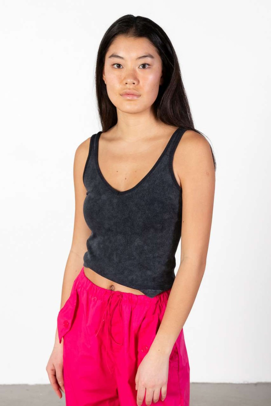 Women * | Half Off Black Mineral Wash Ribbed Tank