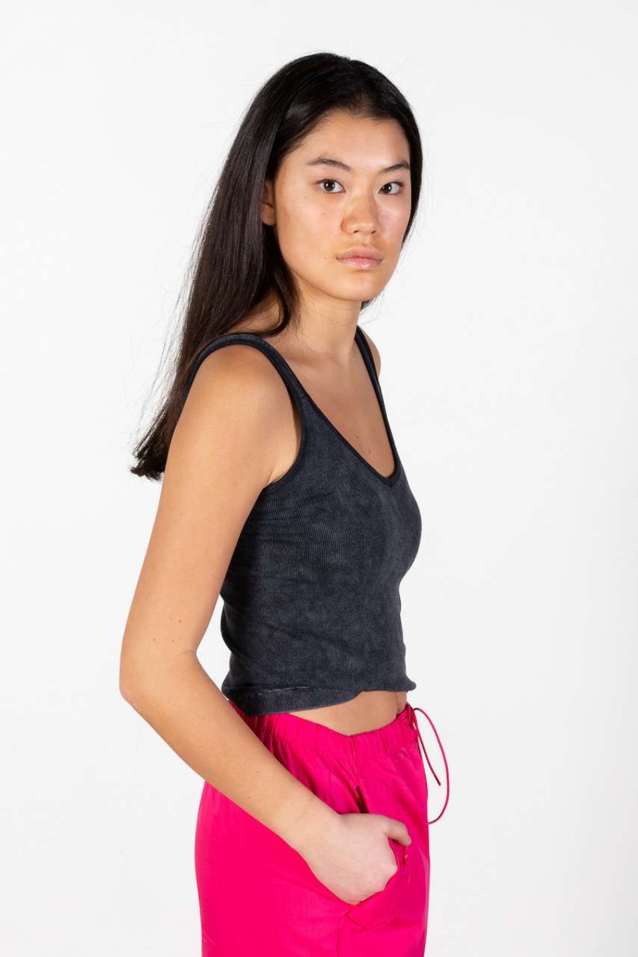 Women * | Half Off Black Mineral Wash Ribbed Tank