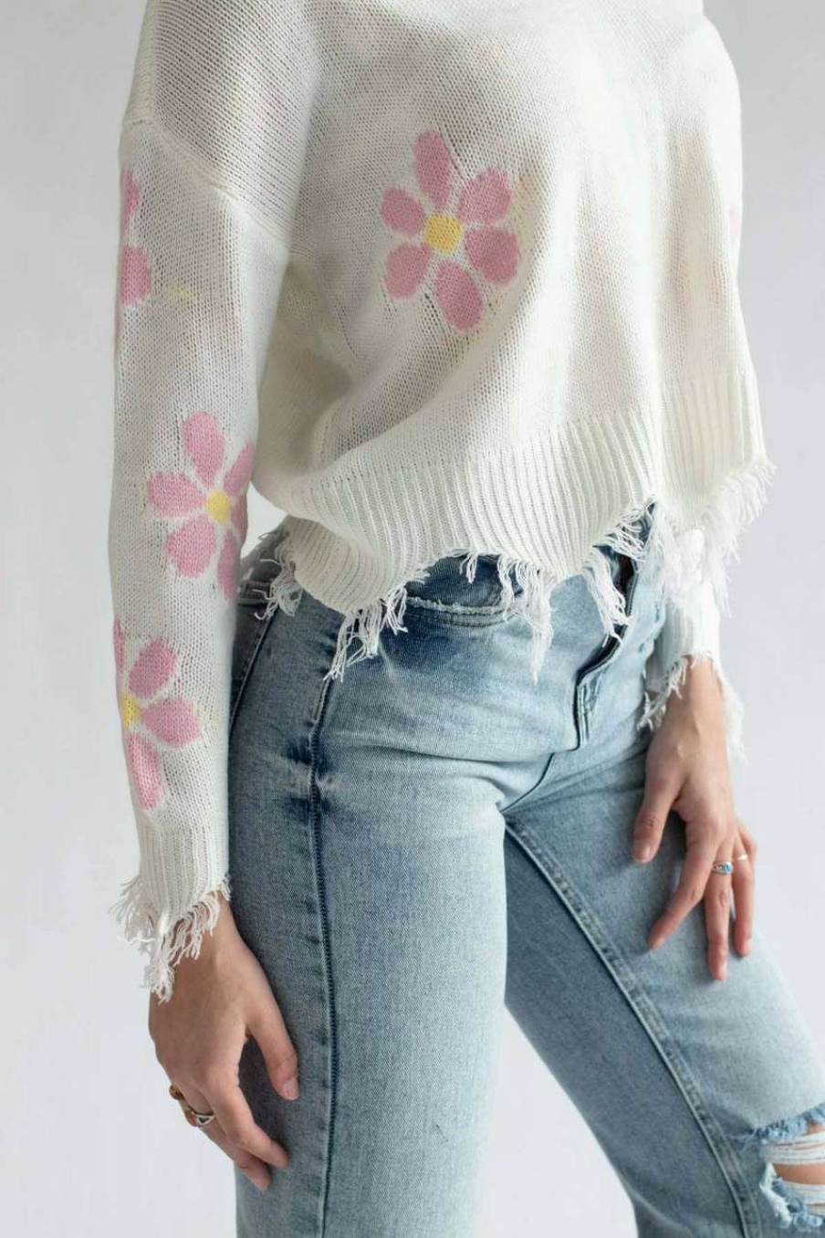 Women * | Cut-Price White Daisy Frayed Sweater