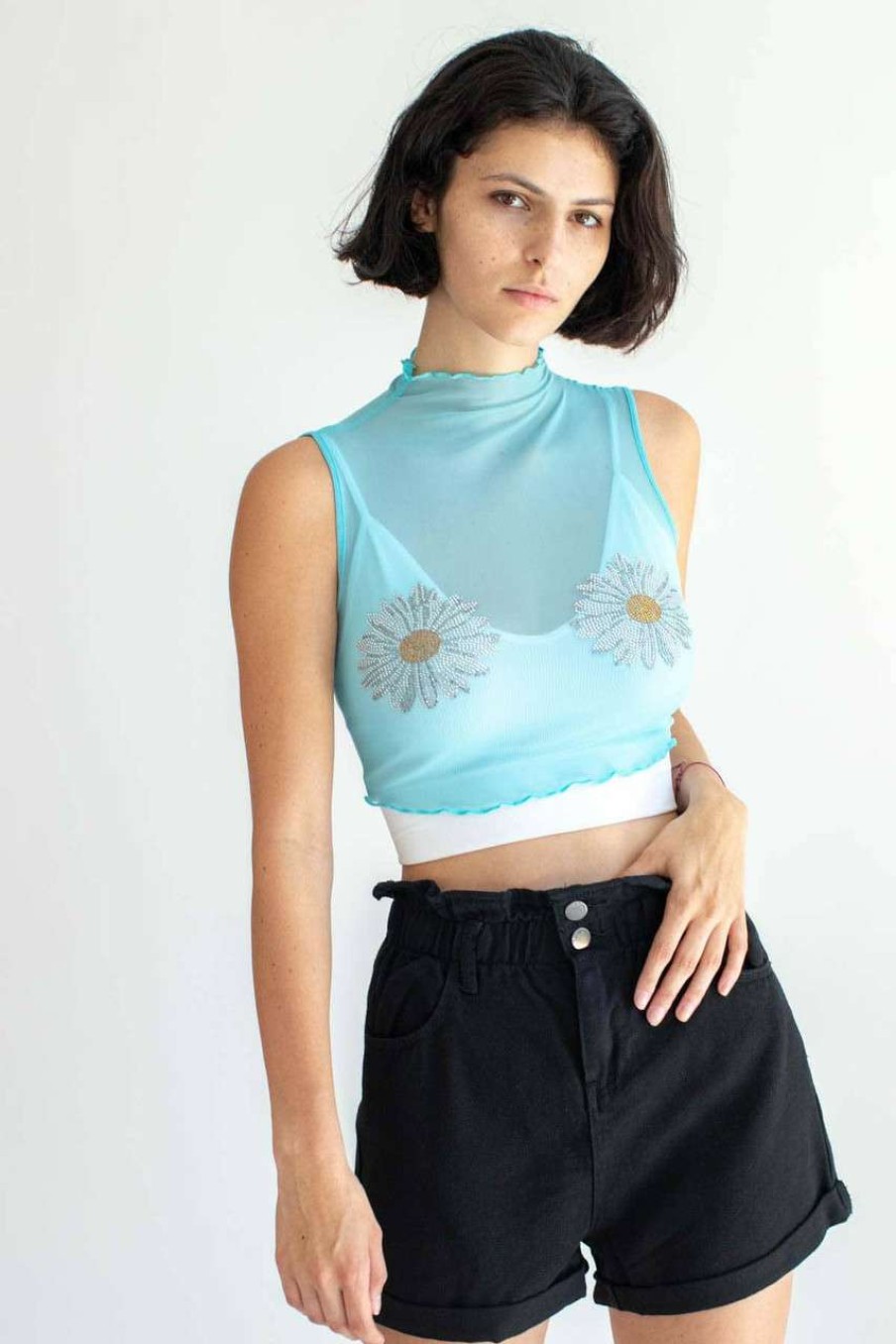 Women * | Special Offer Blue Bedazzled Daisy Mesh Top