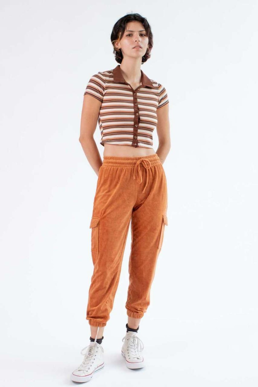 Women * | On Discount Amber Brown Corduroy Cargo Joggers