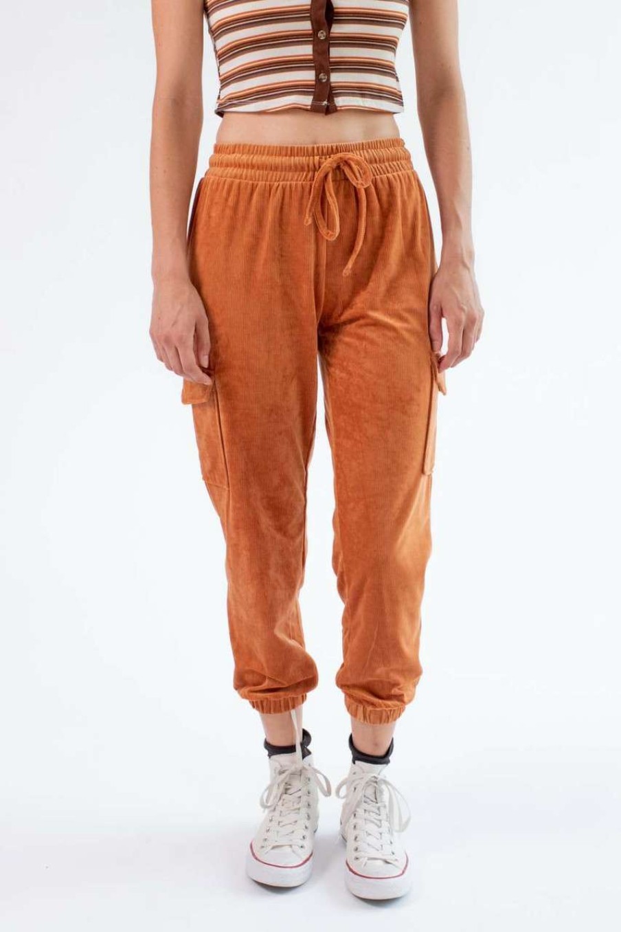 Women * | On Discount Amber Brown Corduroy Cargo Joggers