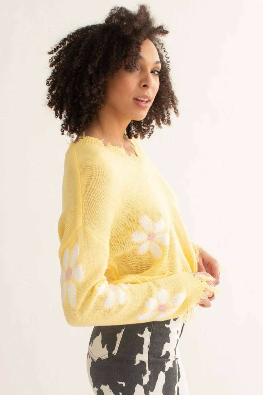 Women * | Super Specials Sunshine Daisy Frayed Sweater