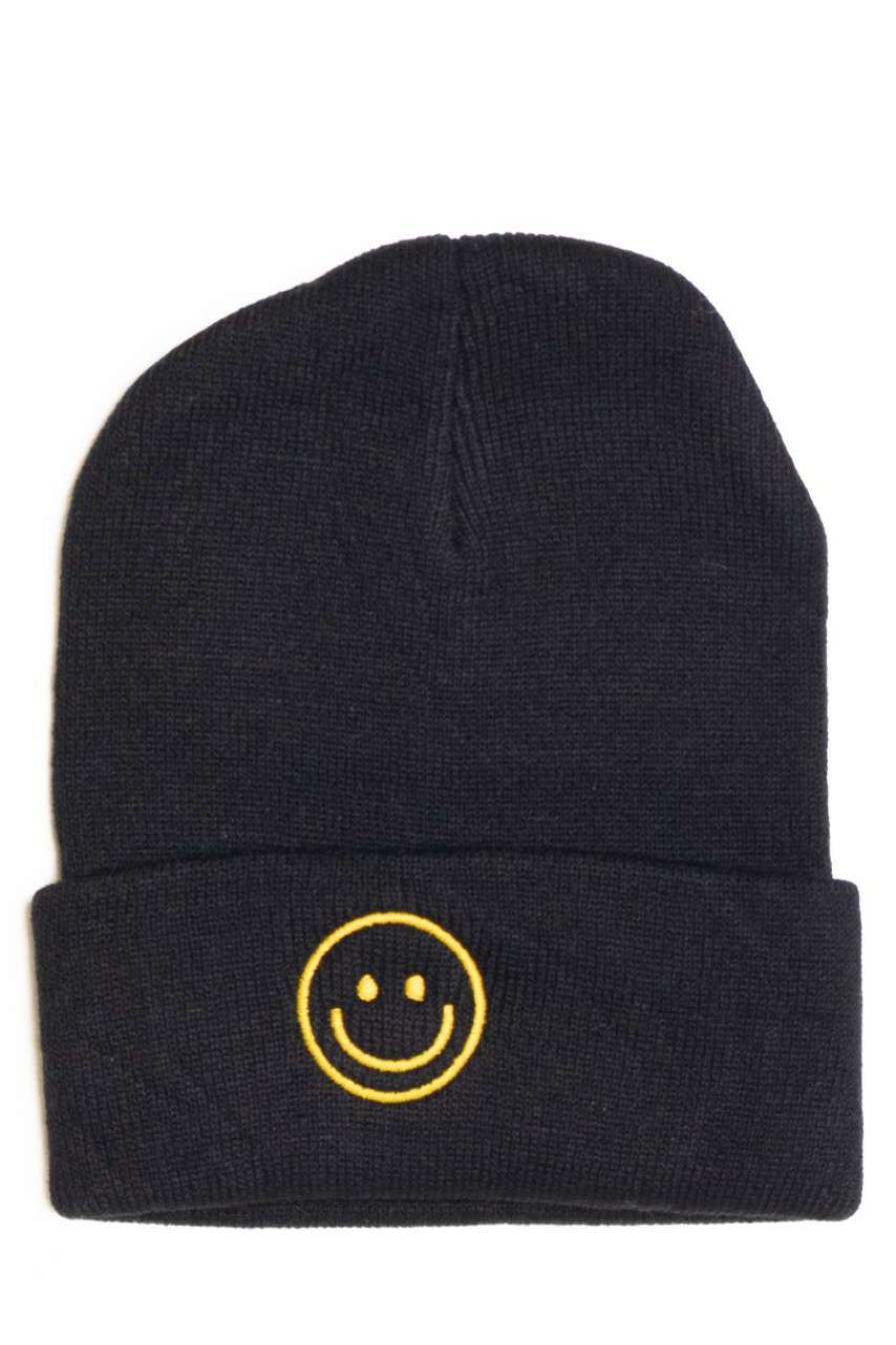 Accessories * | On Discount Black Smiley Face Beanie