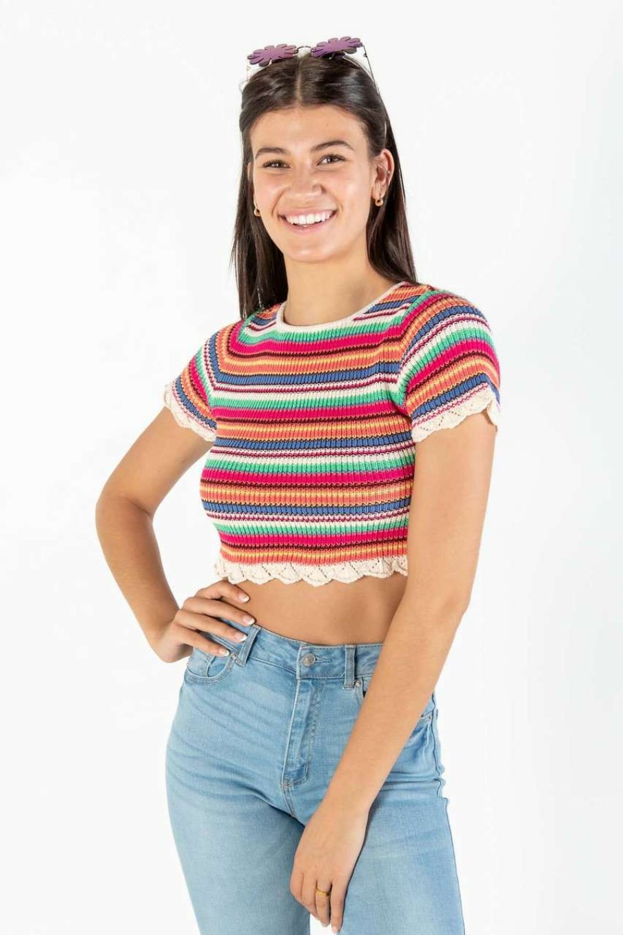 Women * | Cut-Price Rainbow Crochet Stripe Sweater Tee