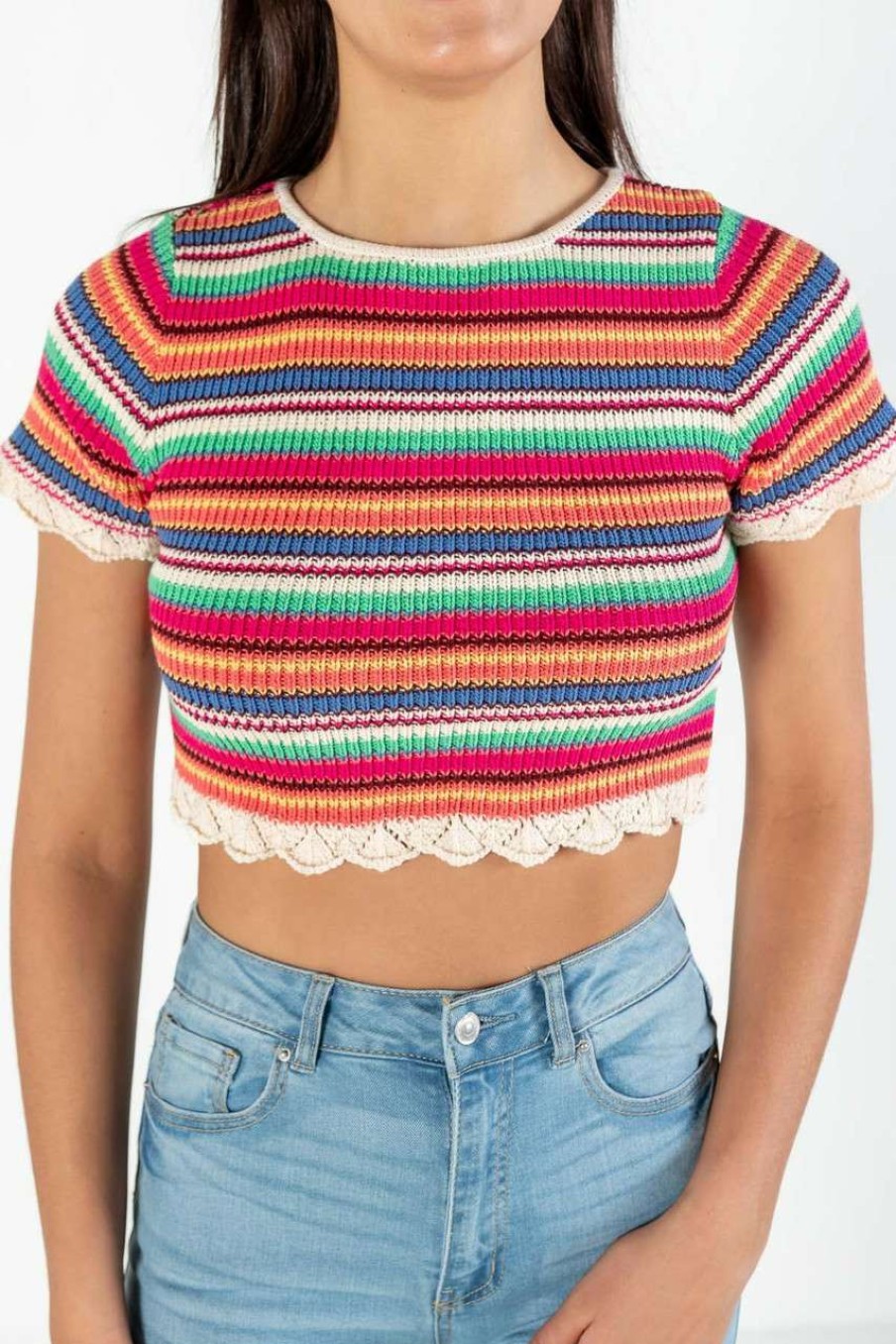 Women * | Cut-Price Rainbow Crochet Stripe Sweater Tee