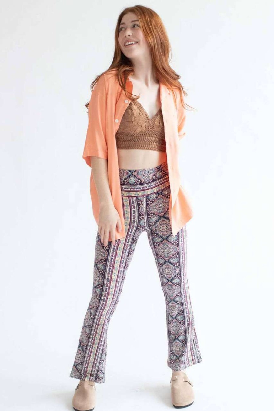 Women * | Special Price Sepia Navy Floral Border Print Bell Bottoms